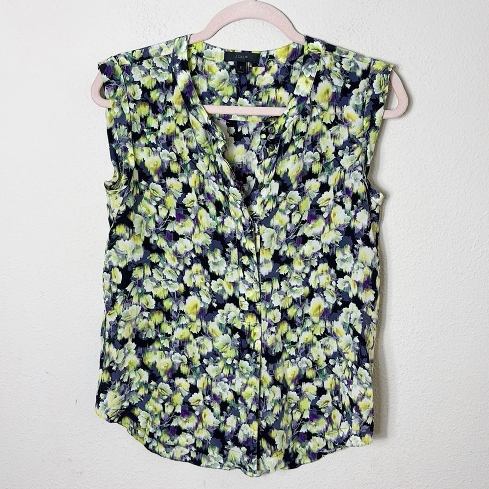 J. Crew 100% Silk Floral Half Button Down Yellow Purple Black Blouse size 2
